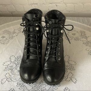 SHOES - Bamboo black moto style lace-up boots with sweater trim. Size 10.